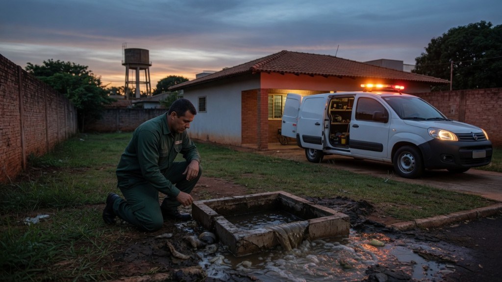 Técnico da Desentupidora GeralTec em atendimento emergencial avaliando caixa de inspeção de esgoto transbordando em residência em Ribeirão Preto antes de informar o orçamento