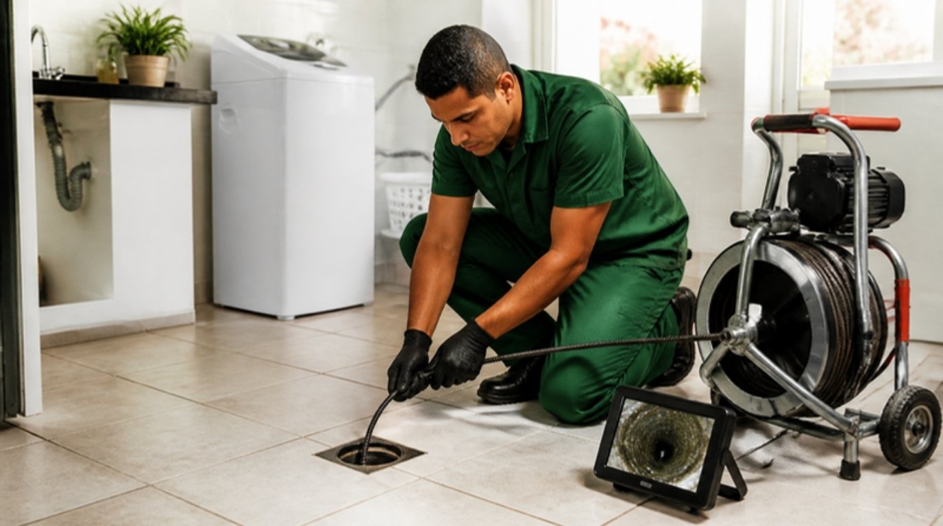 Técnico de uniforme verde da GeralTec com equipamento de desentupimento ao lado de um ralo de área de serviço