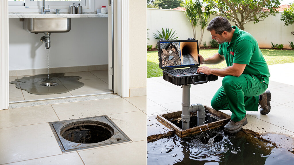 Comparação entre entupimento simples com vazamento sob a pia e entupimento grave com refluxo de esgoto — técnico da GeralTec em uniforme verde com câmera de inspeção em quintal residencial