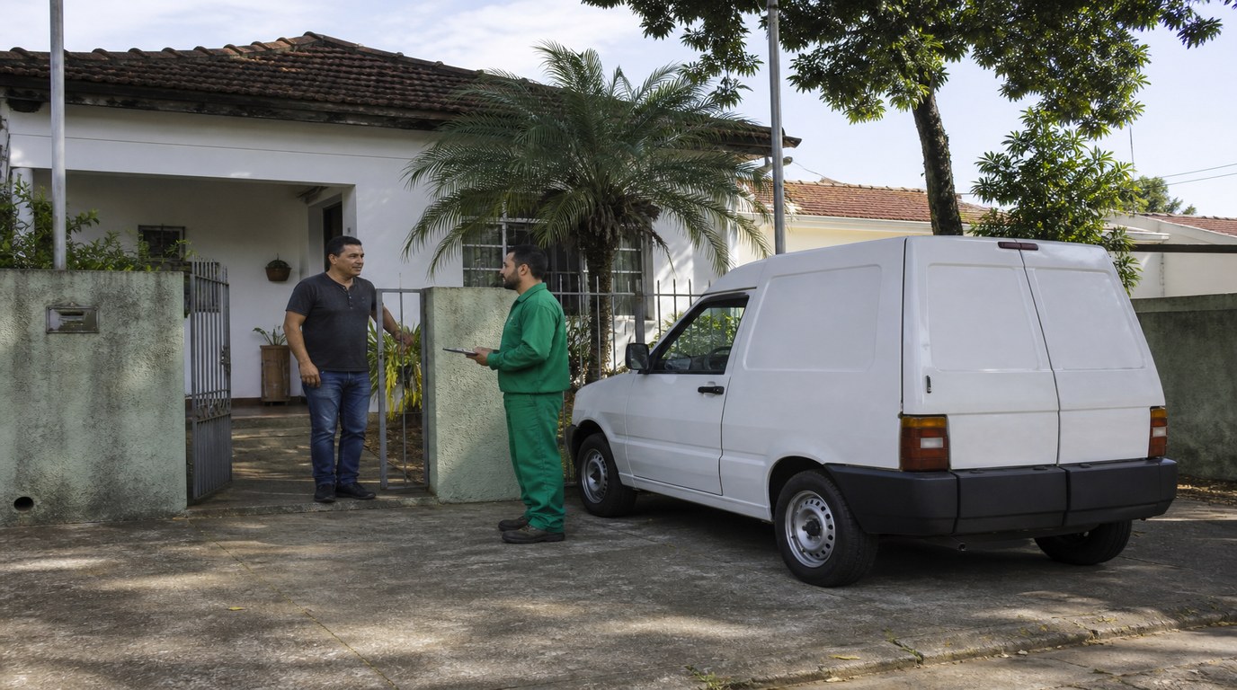 Técnico em uniforme verde conversa com morador ao lado de van de serviço na frente de casa em cidade do interior paulista