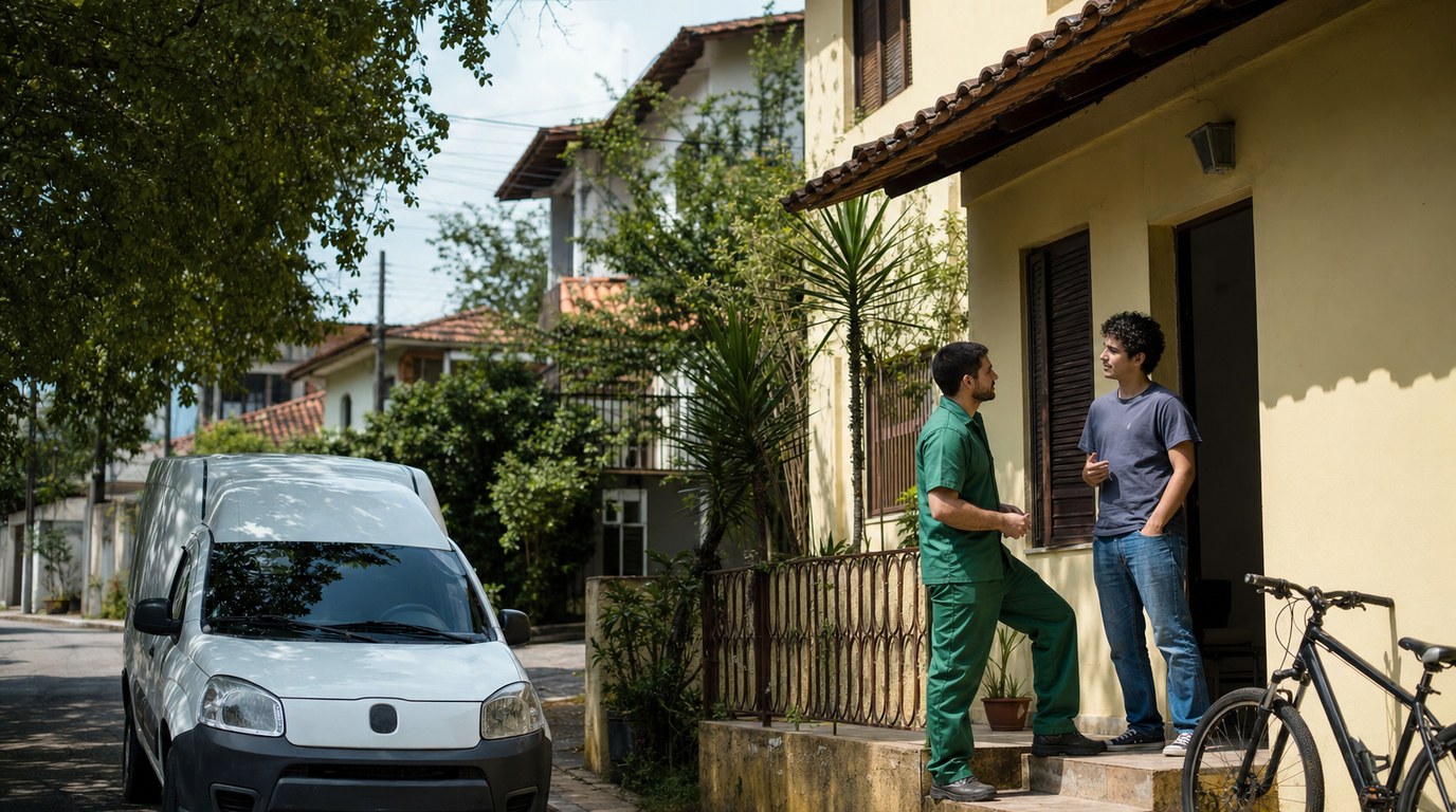 Técnico em uniforme verde conversa com morador jovem na varanda de kitnet de dois andares, com bicicleta na calçada e van de serviço na rua de cidade universitária