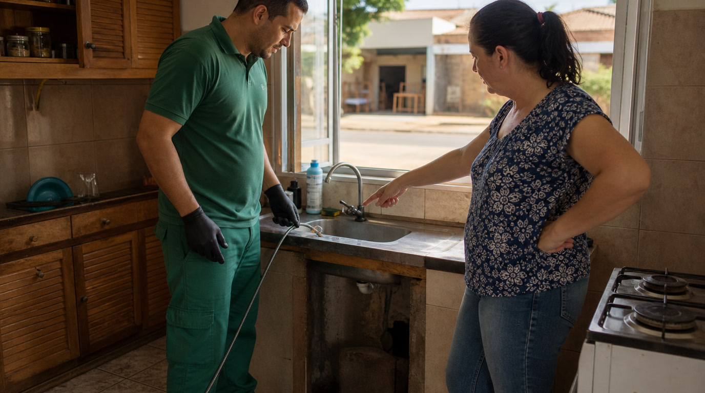Técnico em uniforme verde avalia a pia da cozinha com a moradora ao lado, em casa residencial do interior paulista