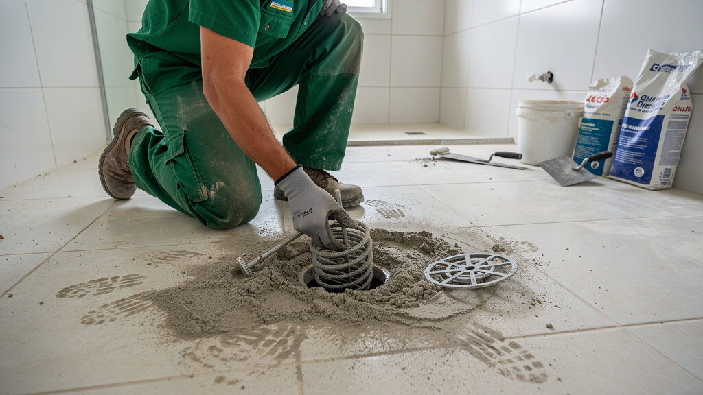 Técnico da GeralTec desentupindo ralo de piso entupido com resíduos de obra em banheiro reformado em Ribeirão Preto