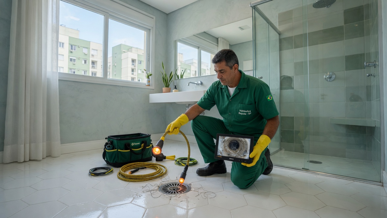 Técnico da Desentupidora GeralTec avaliando ralo entupido em banheiro de apartamento — entupimento em apartamento o que fazer em Ribeirão Preto
