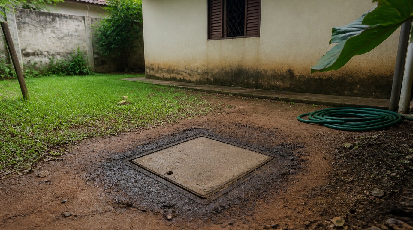 Quintal residencial brasileiro com terra úmida e mancha escura ao redor da tampa de concreto da caixa de inspeção