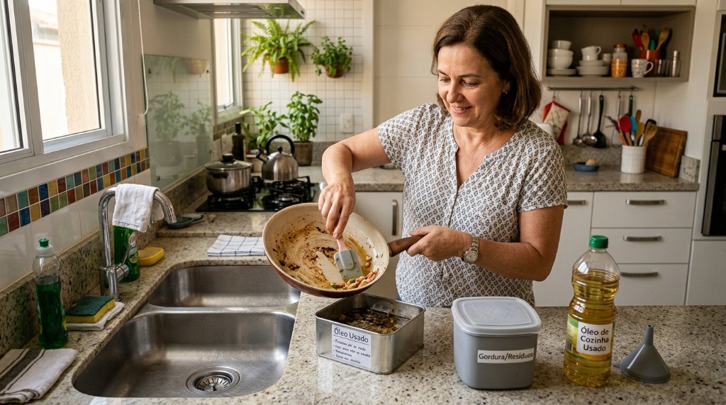 Pessoa raspando restos de gordura e alimentos da frigideira para recipiente de descarte em vez de despejar na pia, prevenção de gordura no esgoto
