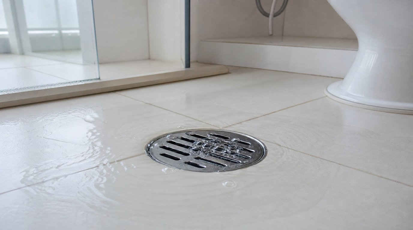 Ralo de piso de banheiro com bolhas de ar subindo pela grelha cromada, indicando gorgolejo e escoamento irregular da água