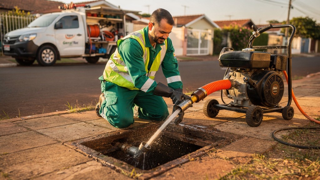Técnico da Desentupidora GeralTec em uniforme verde realizando hidrojateamento de esgoto em caixa de inspeção na calçada de residência em Ribeirão Preto, com van de serviço ao fundo