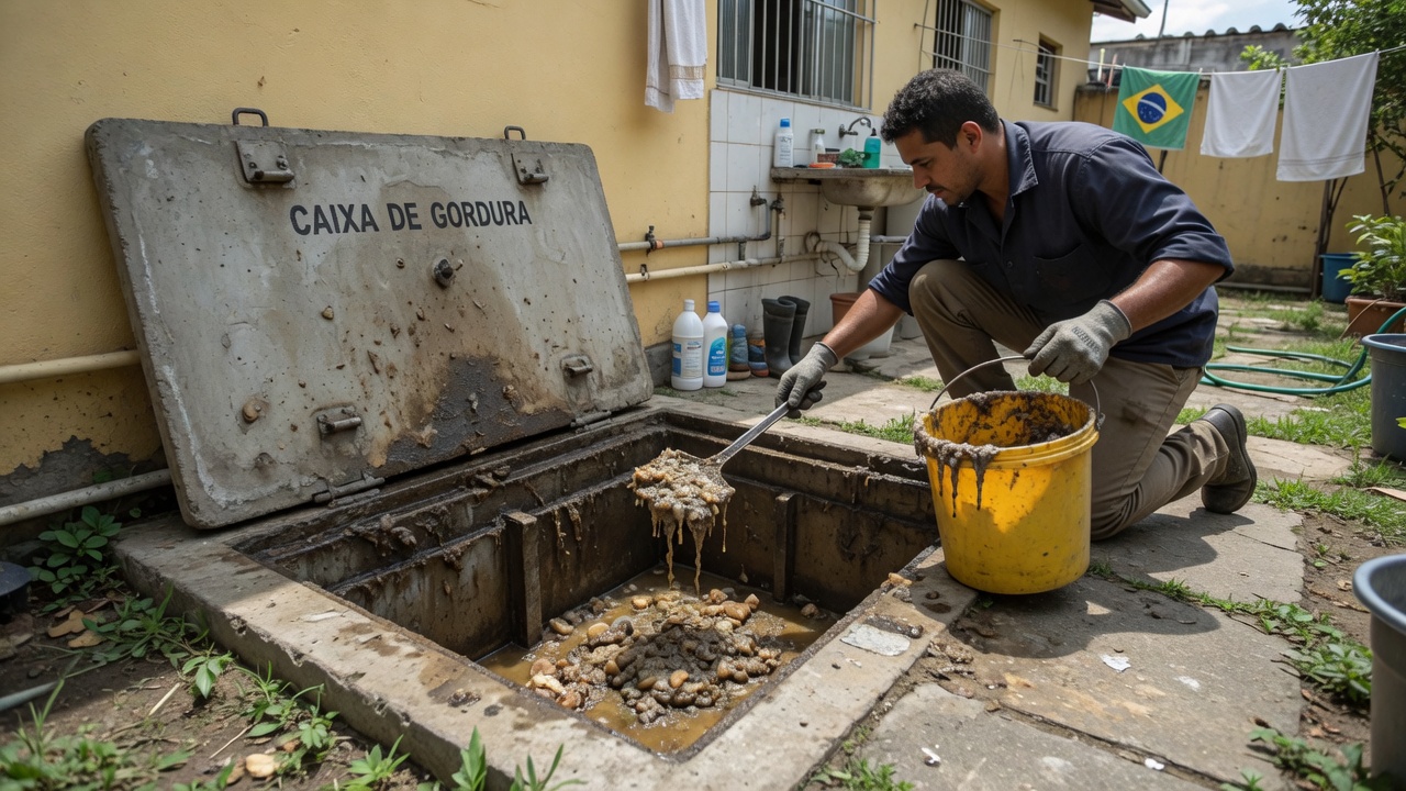 Técnico realizando limpeza de caixa de gordura em área externa de imóvel em Ribeirão Preto