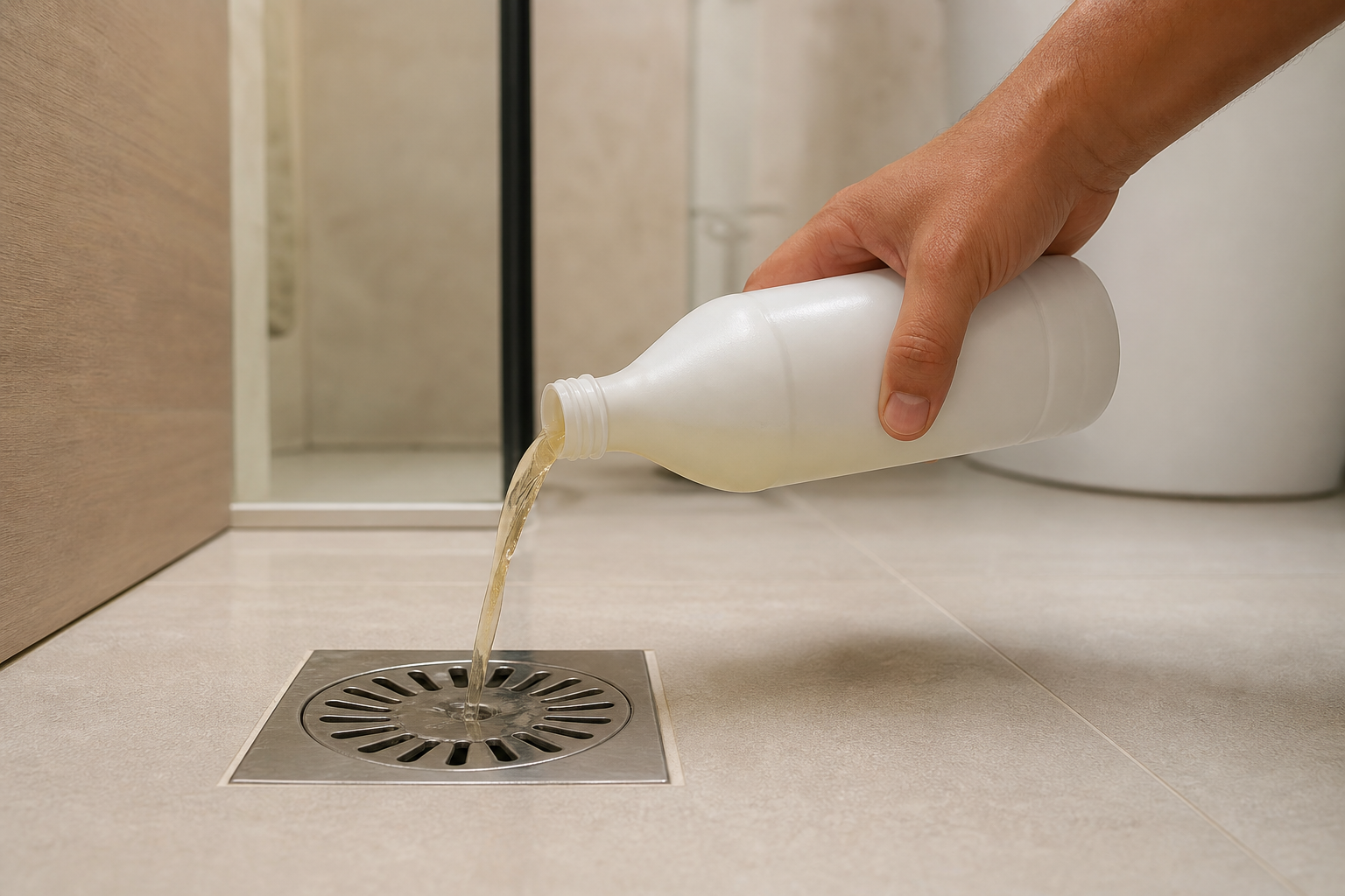 Frasco de produto enzimático sendo aplicado no ralo do banheiro para limpeza preventiva da tubulação
