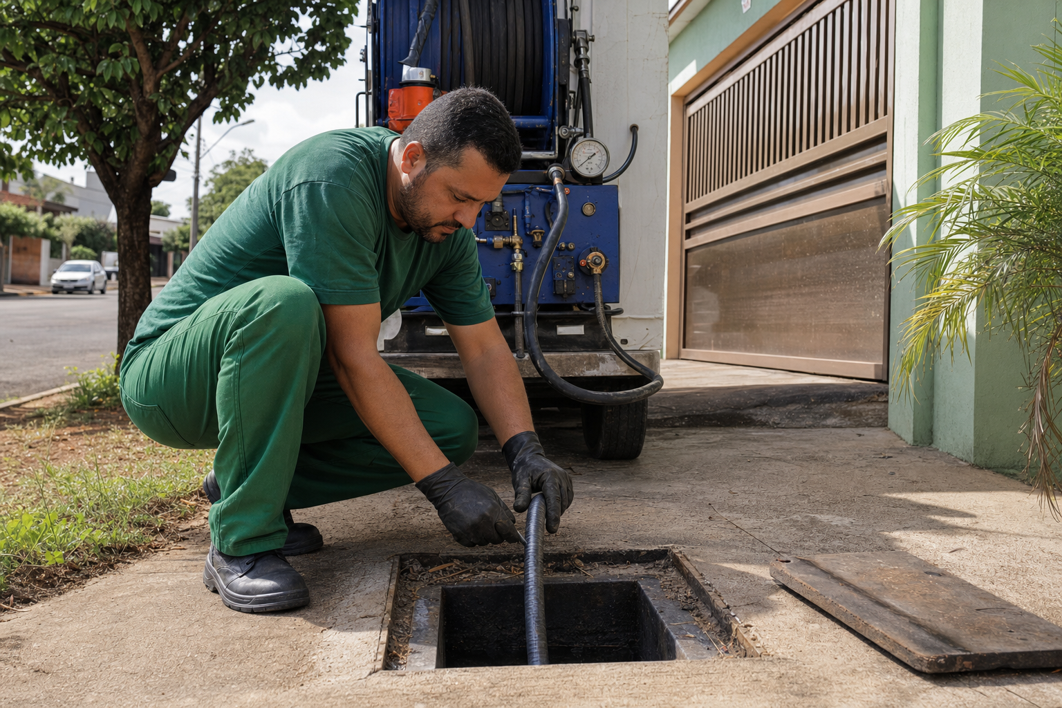 Técnico da Desentupidora GeralTec em uniforme verde operando mangueira desentupidora de alta pressão conectada a equipamento de hidrojato em caixa de inspeção residencial em Ribeirão Preto
