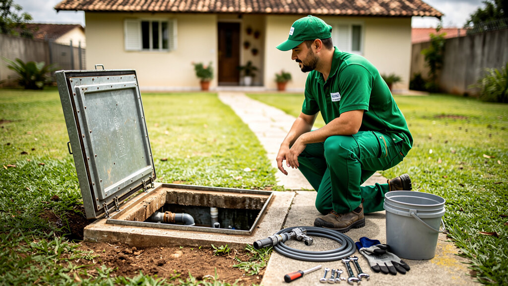Técnico da GeralTec em uniforme verde realizando manutenção preventiva de esgoto residencial na caixa de gordura no quintal de casa em Ribeirão Preto