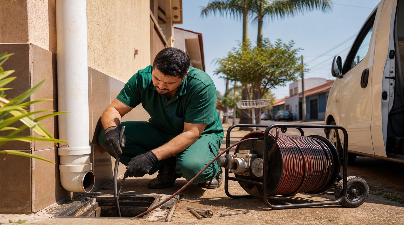 Técnico da Desentupidora GeralTec em uniforme verde realizando atendimento de desentupimento em residência de Sertãozinho, SP