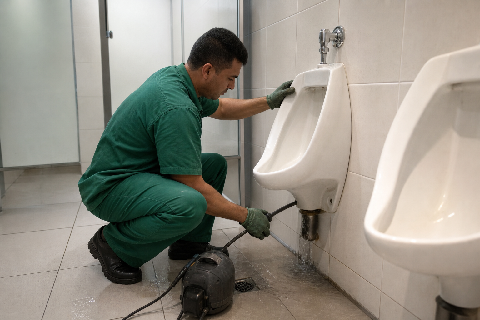Mictório de banheiro comercial entupido em Ribeirão Preto, com técnico em uniforme verde inspecionando a válvula de descarga