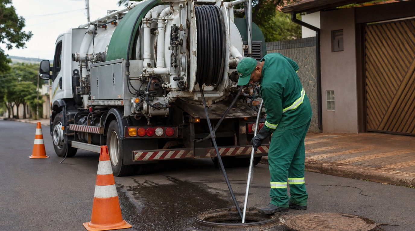 Técnico da Desentupidora GeralTec em uniforme verde operando mola desentupidora com cabo espiral metálico em tubulação residencial em Ribeirão Preto