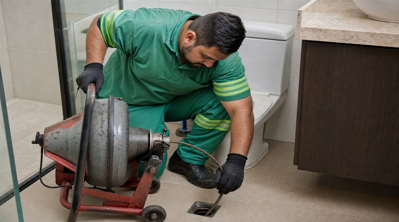 Técnico da Desentupidora GeralTec em uniforme verde usando sonda desentupidora com cabo espiral em ralo de banheiro residencial em Ribeirão Preto