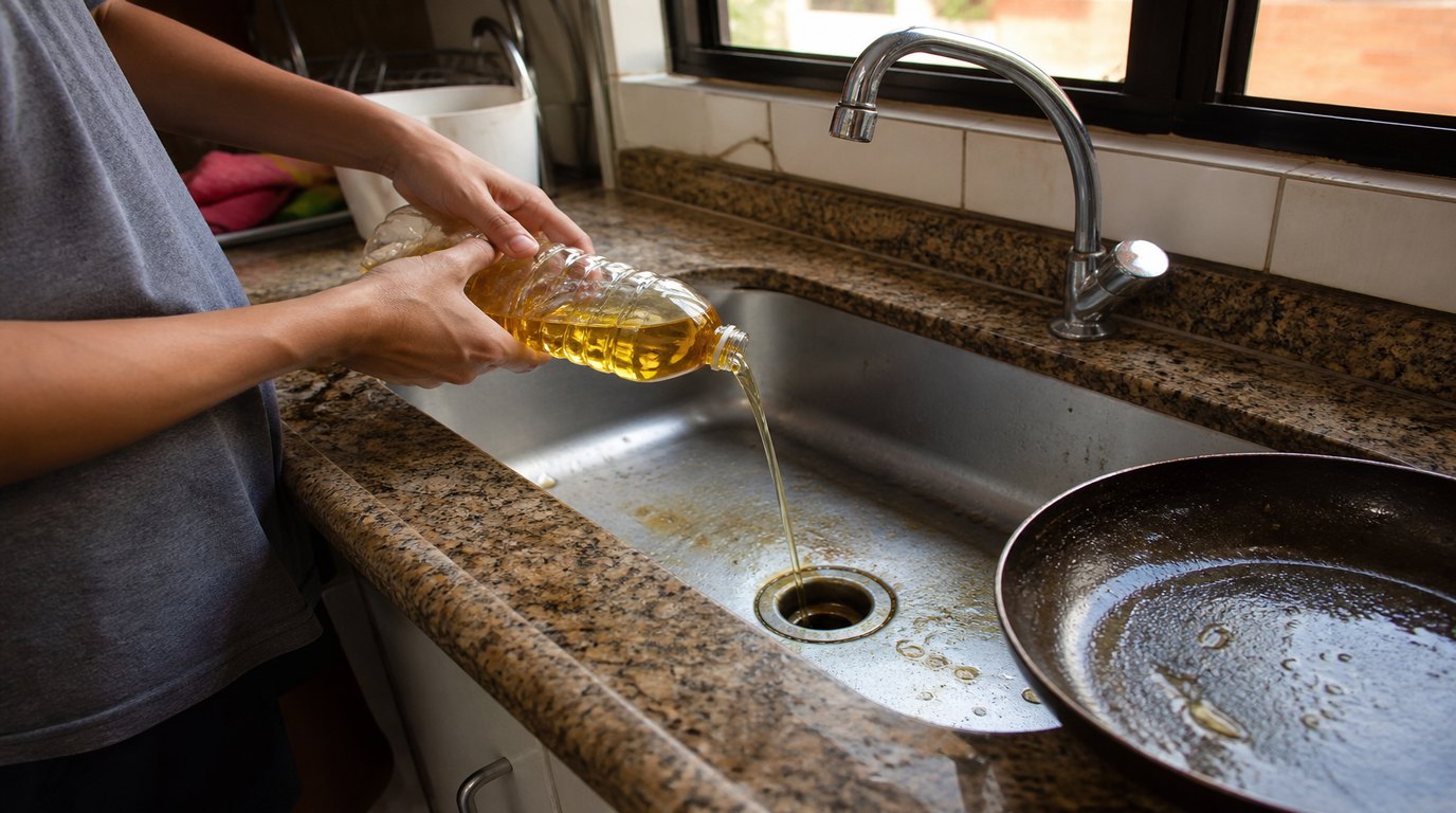 Pessoa despejando óleo de cozinha usado perto do ralo da pia, com frigideira gordurosa ao lado em cozinha residencial brasileira