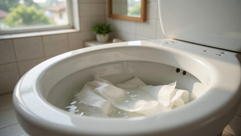 Papel higiênico em excesso causando entupimento parcial no vaso sanitário de banheiro residencial, com água acumulada na bacia