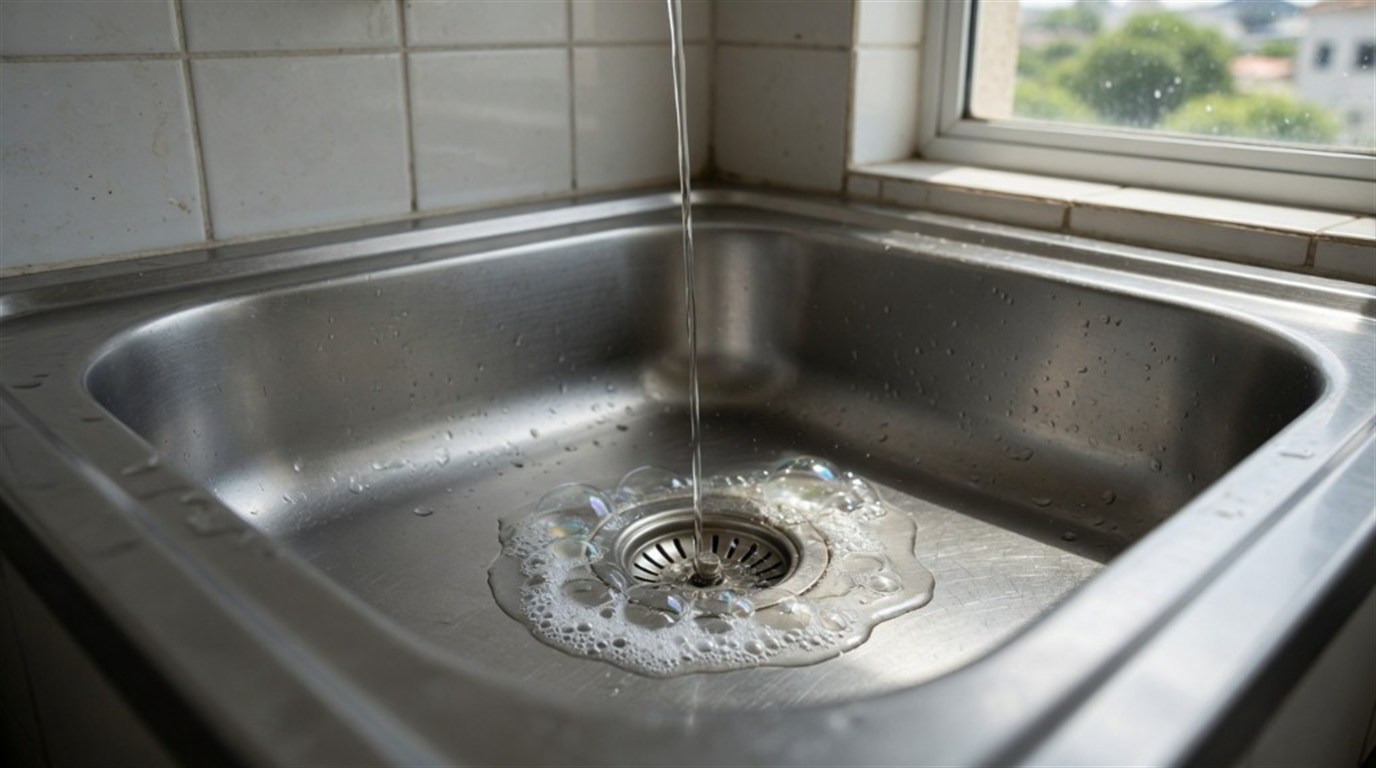 Pia de cozinha em aço inox com água escoando devagar pelo ralo e pequena poça de água sabonosa no fundo, sinal de entupimento parcial em residência