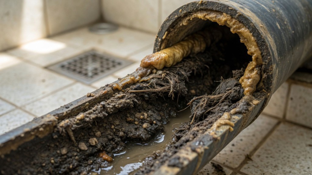 Tubulação de esgoto cortada mostrando acúmulo de gordura, raízes e lodo no interior do cano, com ralo de piso ao fundo em piso de cerâmica