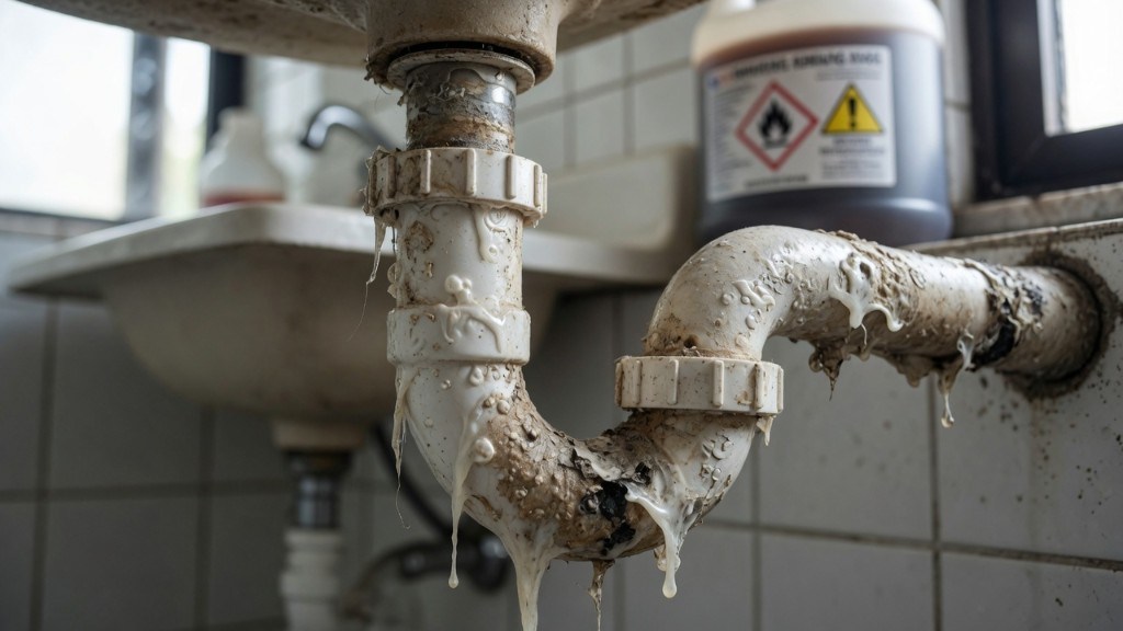 Sifão de PVC sob pia entupido com resíduos viscosos e gotejamento, com embalagem de produto químico desentupidor ao fundo em banheiro residencial