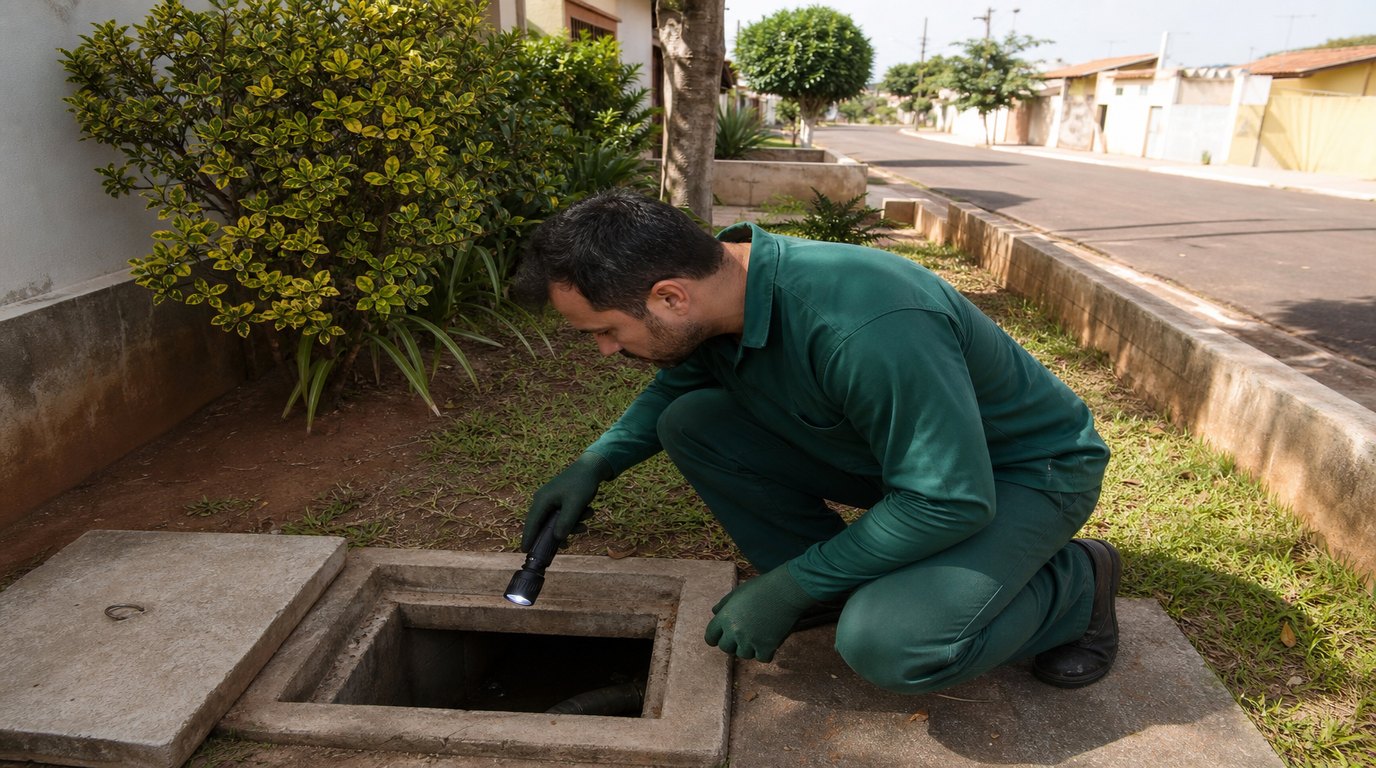 Técnico em uniforme verde inspeciona caixa de esgoto no quintal de casa em rua residencial do interior paulista