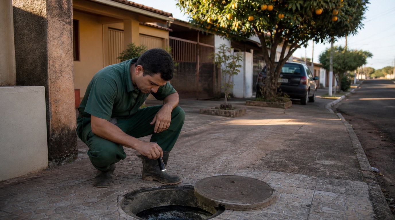 Técnico em uniforme verde inspeciona a caixa de esgoto na calçada de uma residência em Jaboticabal