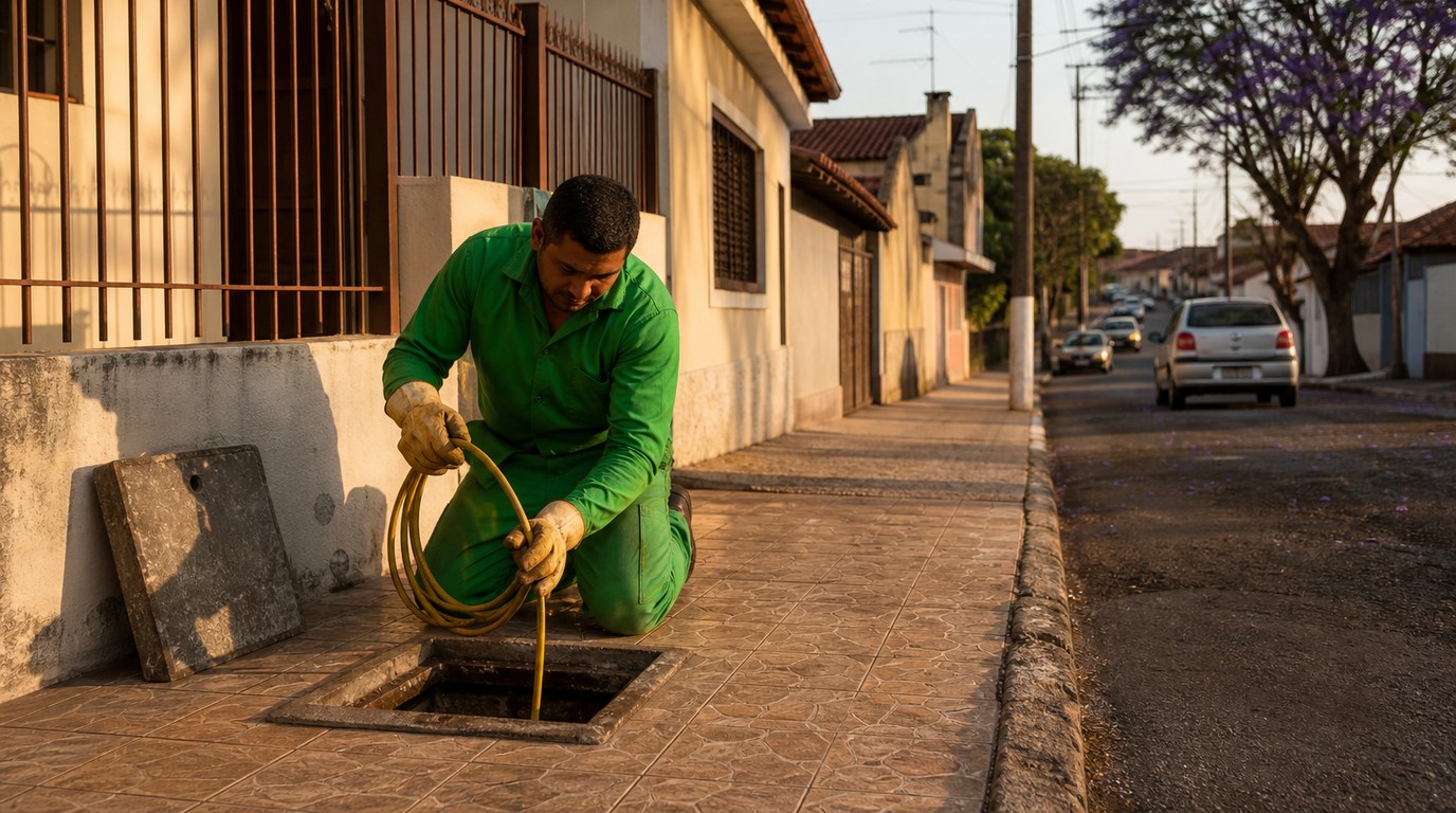 Técnico em uniforme verde introduz cabo na caixa de inspeção na calçada de rua residencial do interior paulista, em Mococa na Mogiana