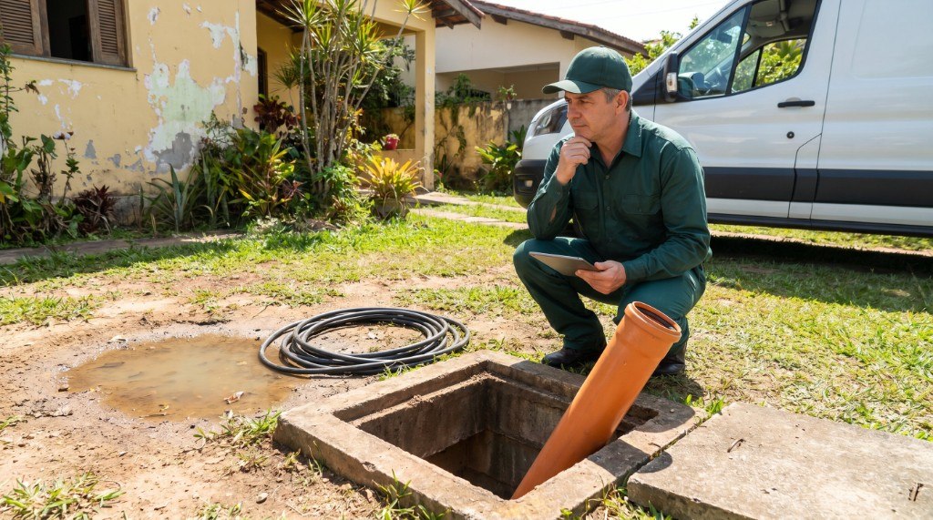 Técnico da Desentupidora GeralTec avaliando caixa de inspeção de esgoto em quintal residencial em Ribeirão Preto antes de informar o orçamento
