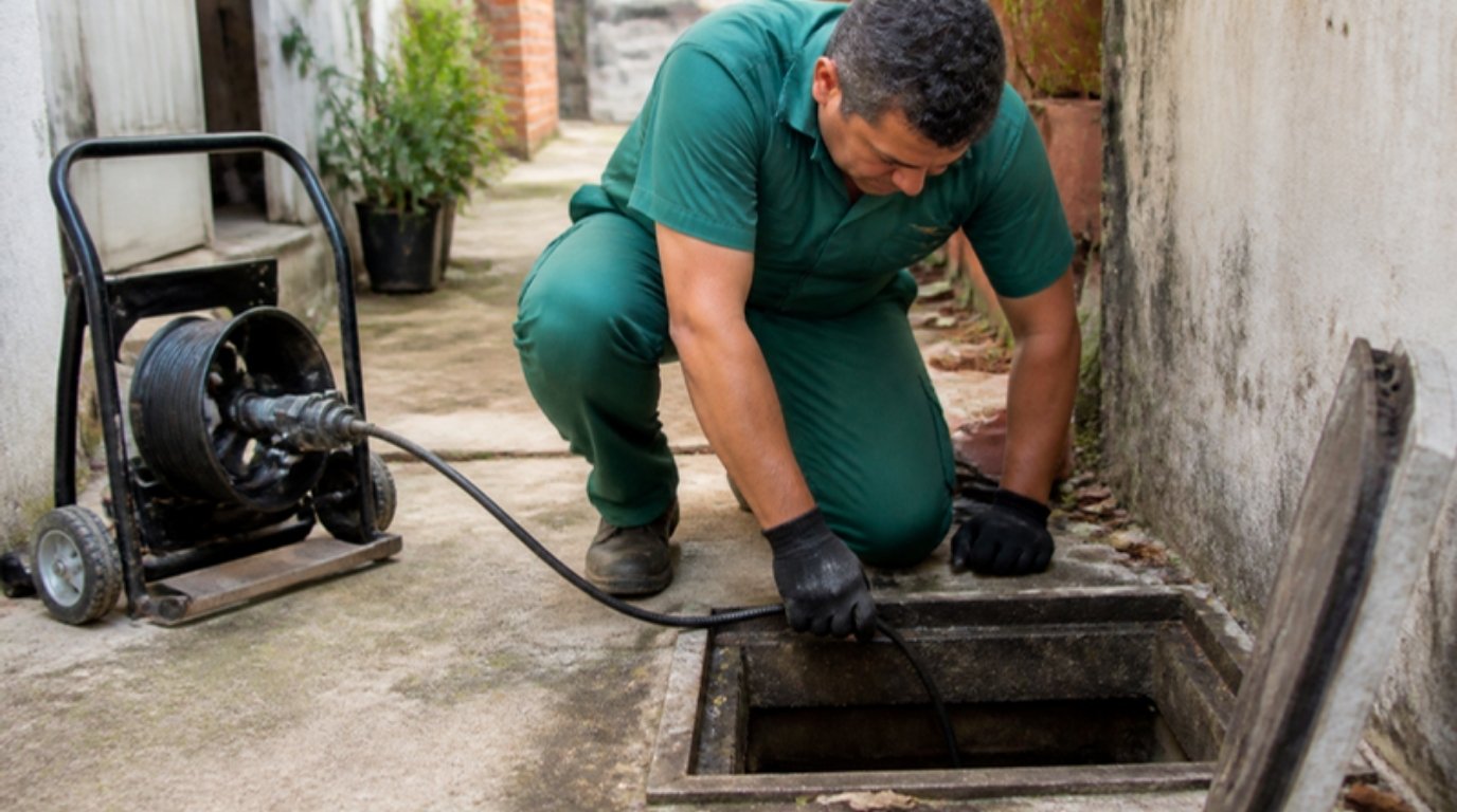Técnico de uniforme verde da GeralTec inspecionando uma caixa de inspeção de esgoto no quintal de uma casa
