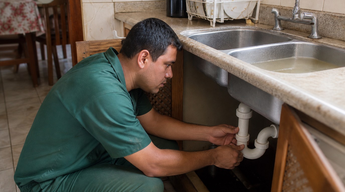 Técnico em uniforme verde inspeciona o sifão de uma pia de cozinha com água parada em Batatais