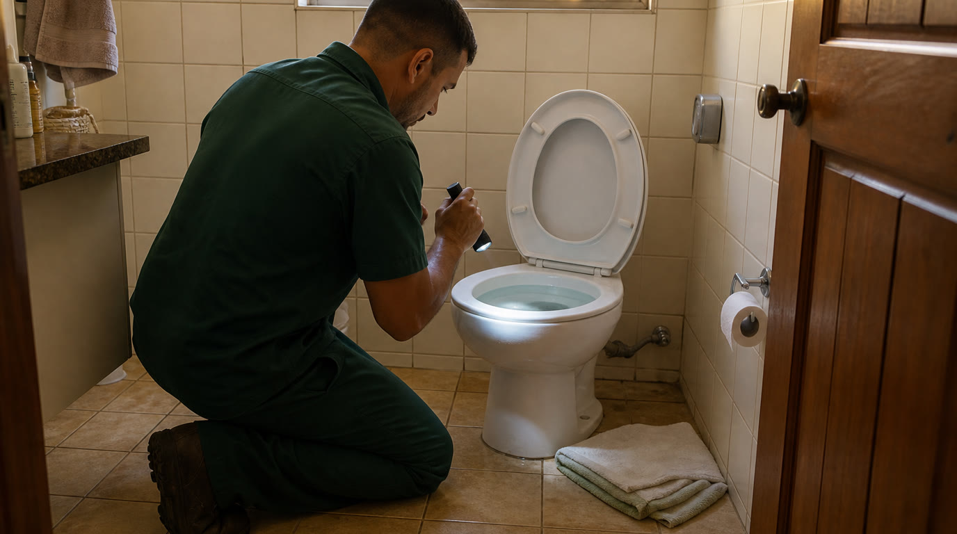 Técnico em uniforme verde inspeciona com lanterna a água alta na privada de banheiro residencial em casa de Batatais, Alta Mogiana