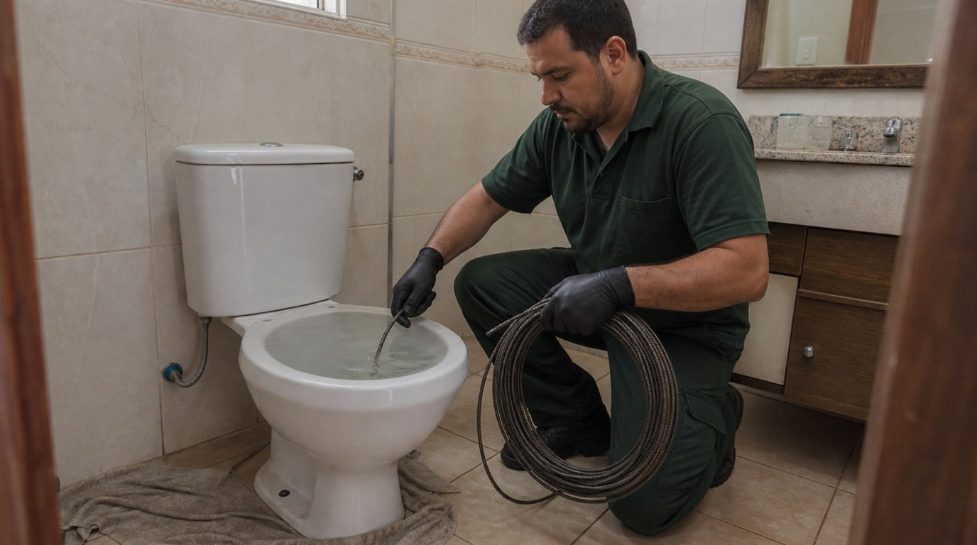 Técnico em uniforme verde usa cabo sanitário junto à privada com água alta em banheiro residencial de casa em Mococa