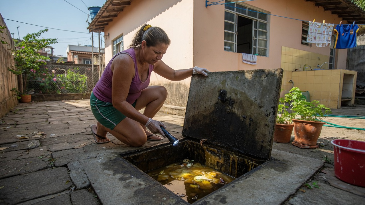 Moradora inspecionando caixa de gordura externa com lanterna, verificando acúmulo de gordura em quintal residencial