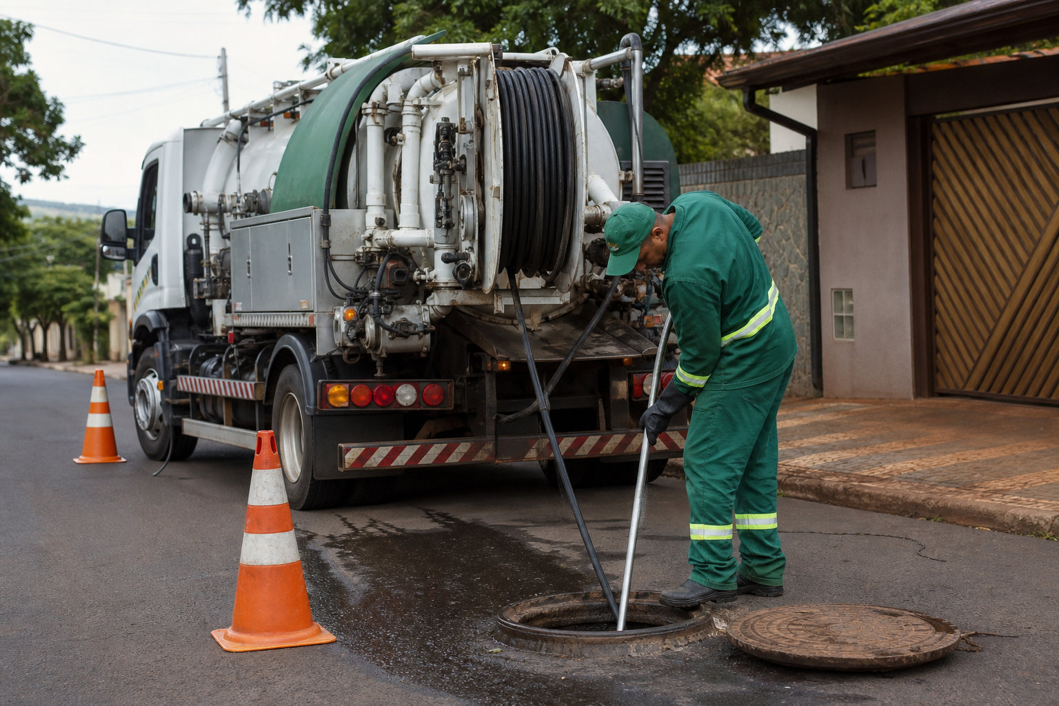 Técnico da Desentupidora GeralTec em uniforme verde operando máquina desentupidora de esgoto com caminhão hidrojato em via residencial de Ribeirão Preto
