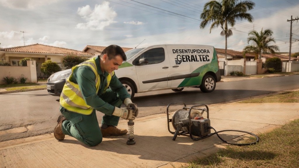 Técnico da Desentupidora GeralTec em uniforme verde operando máquina de cabo flexível para desentupir esgoto em caixa de inspeção na calçada de residência em Ribeirão Preto, com van de serviço ao fundo
