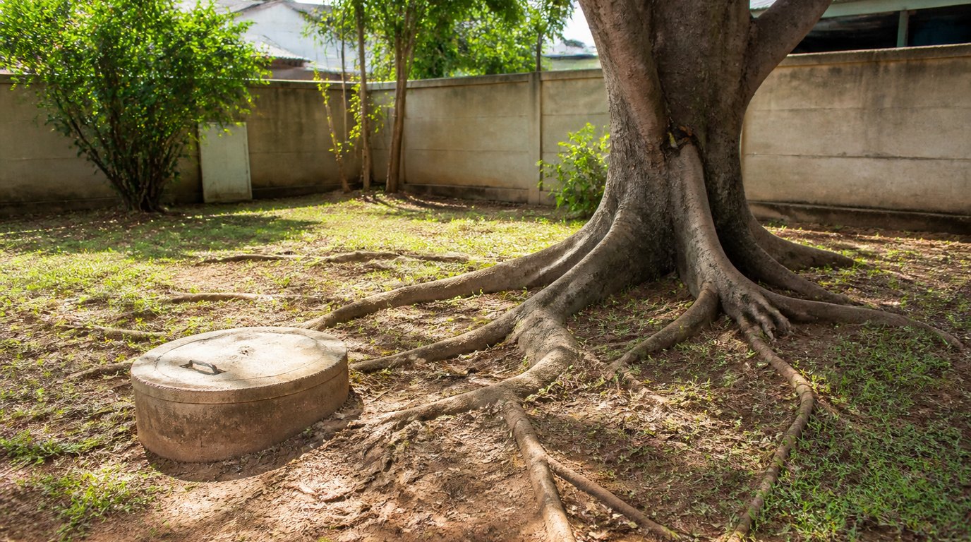 Quintal residencial brasileiro com árvore grande ao lado de caixa de inspeção de concreto e raízes visíveis no solo