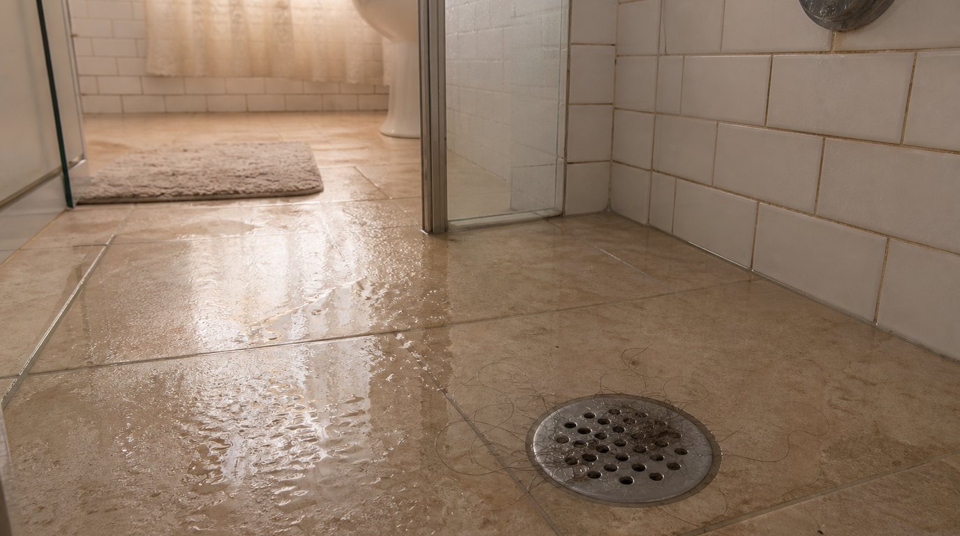 Água acumulada no piso de um box residencial brasileiro ao redor do ralo de chão, com cabelo preso na grelha