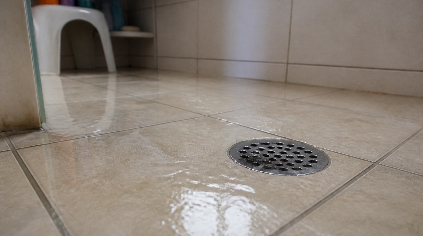 Água empoçada no piso de um banheiro residencial brasileiro ao redor do ralo de chão do box