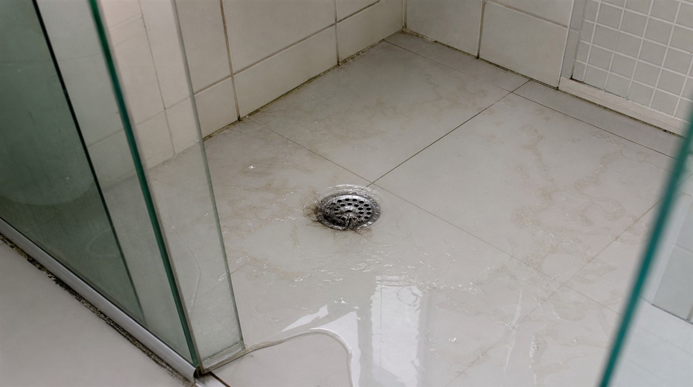 Ralo do box de banheiro entupido com água parada no piso, cabelos e resíduo de sabão acumulados na grelha cromada do chuveiro