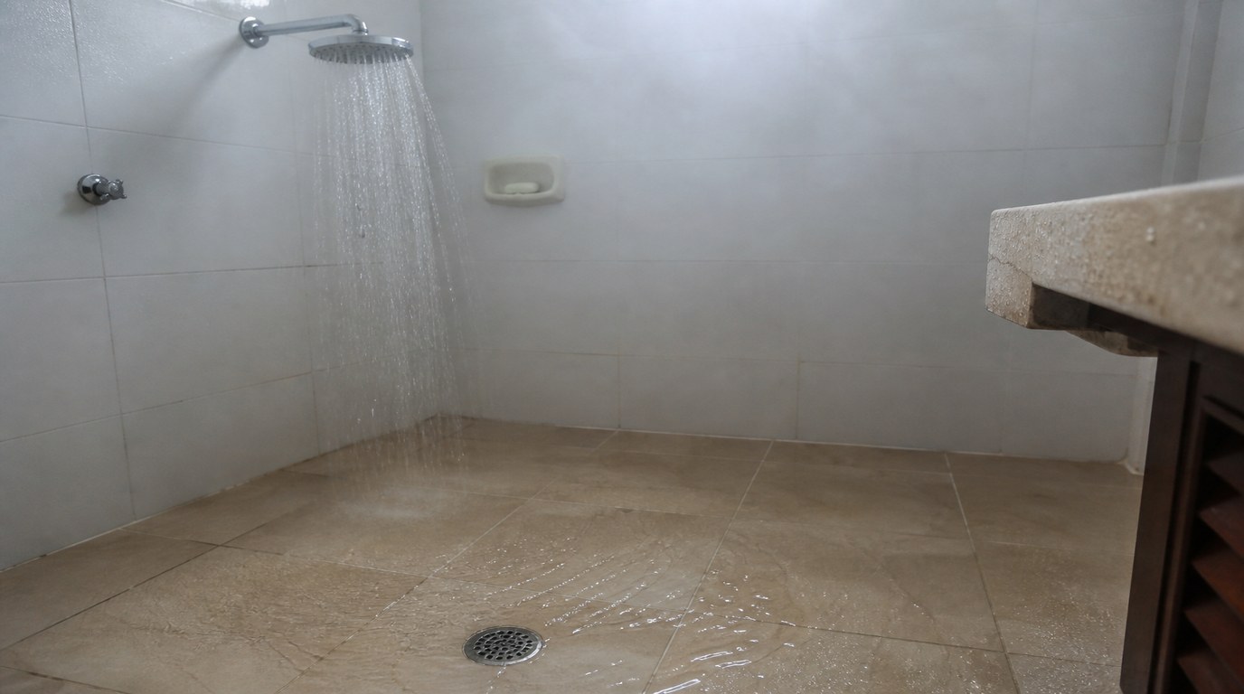 Água do chuveiro acumulada no piso de cerâmica ao redor do ralo de piso em banheiro residencial brasileiro
