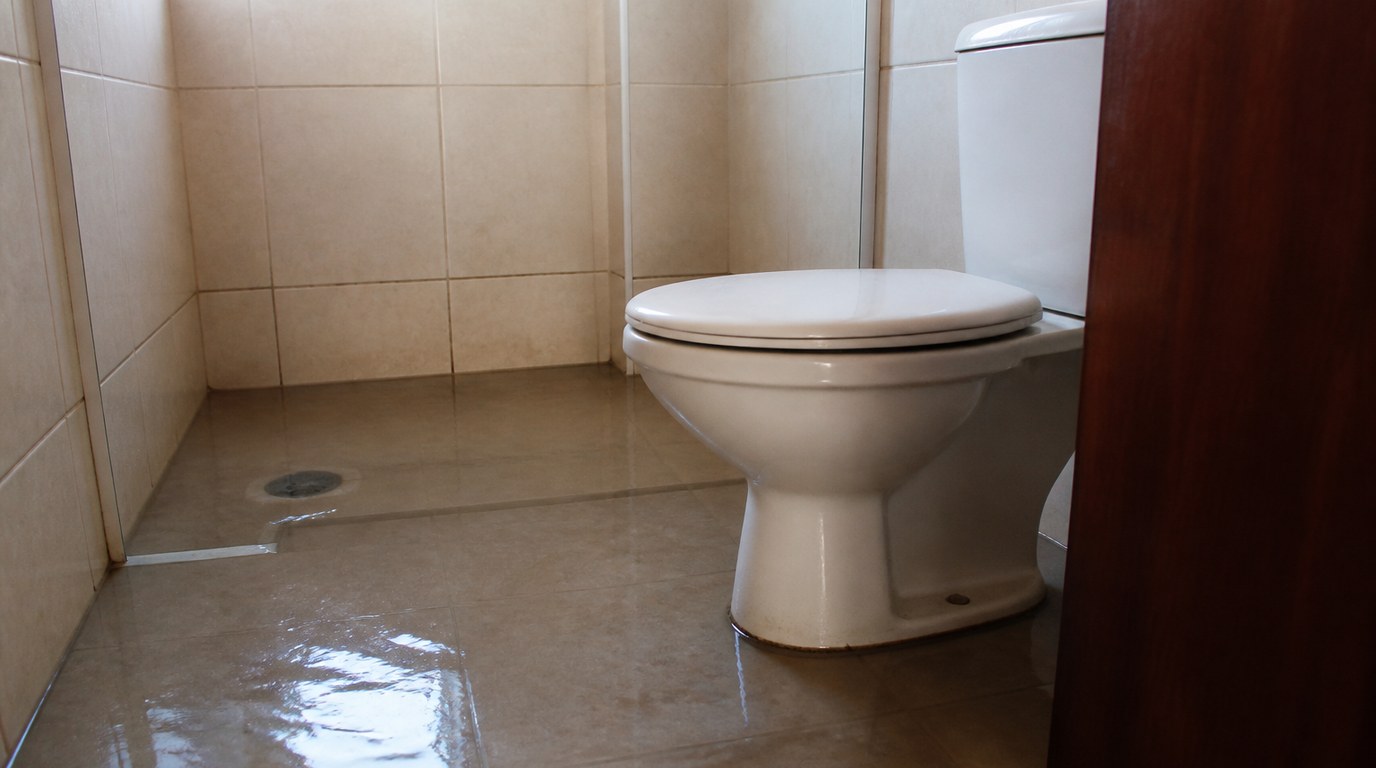 Banheiro residencial brasileiro com piso de cerâmica molhado, água suja empoçada junto ao vaso sanitário e ao ralo de piso do box