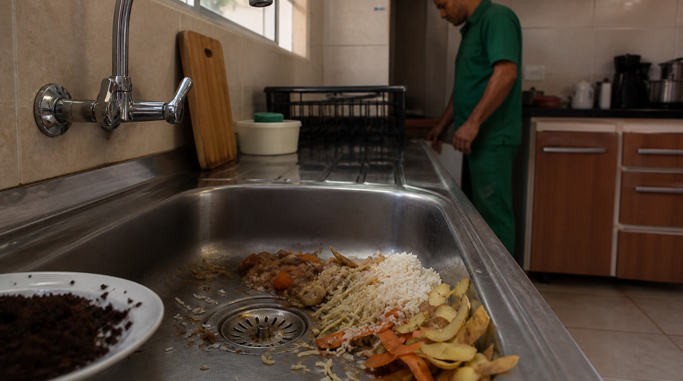 Restos de arroz, macarrão, cascas e borra de café ao redor do ralo de uma pia de cozinha residencial brasileira