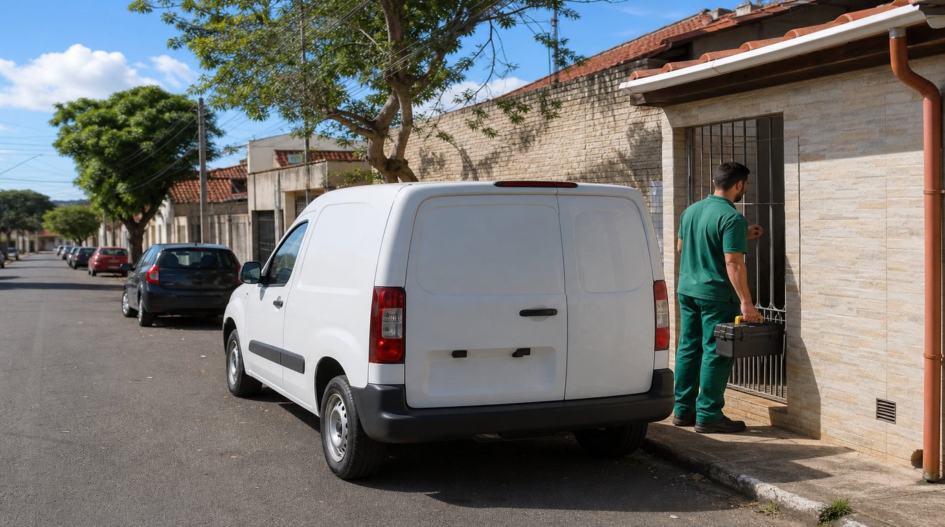 Técnico da Desentupidora GeralTec em uniforme verde na entrada de kitnet em rua residencial de cidade universitária do interior paulista, contexto Jaboticabal, SP