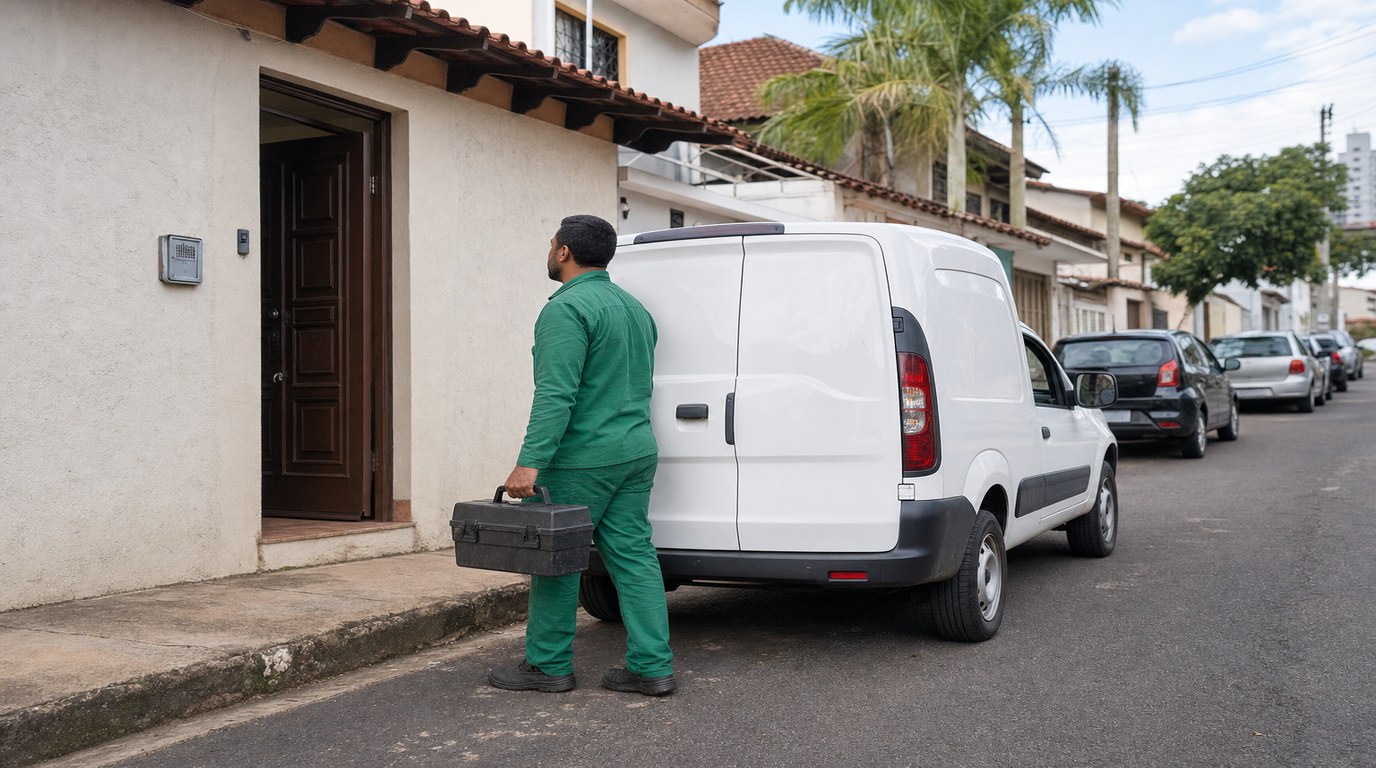 Técnico da Desentupidora GeralTec em uniforme verde ao lado de van de atendimento em rua residencial do interior paulista, contexto Mococa, SP