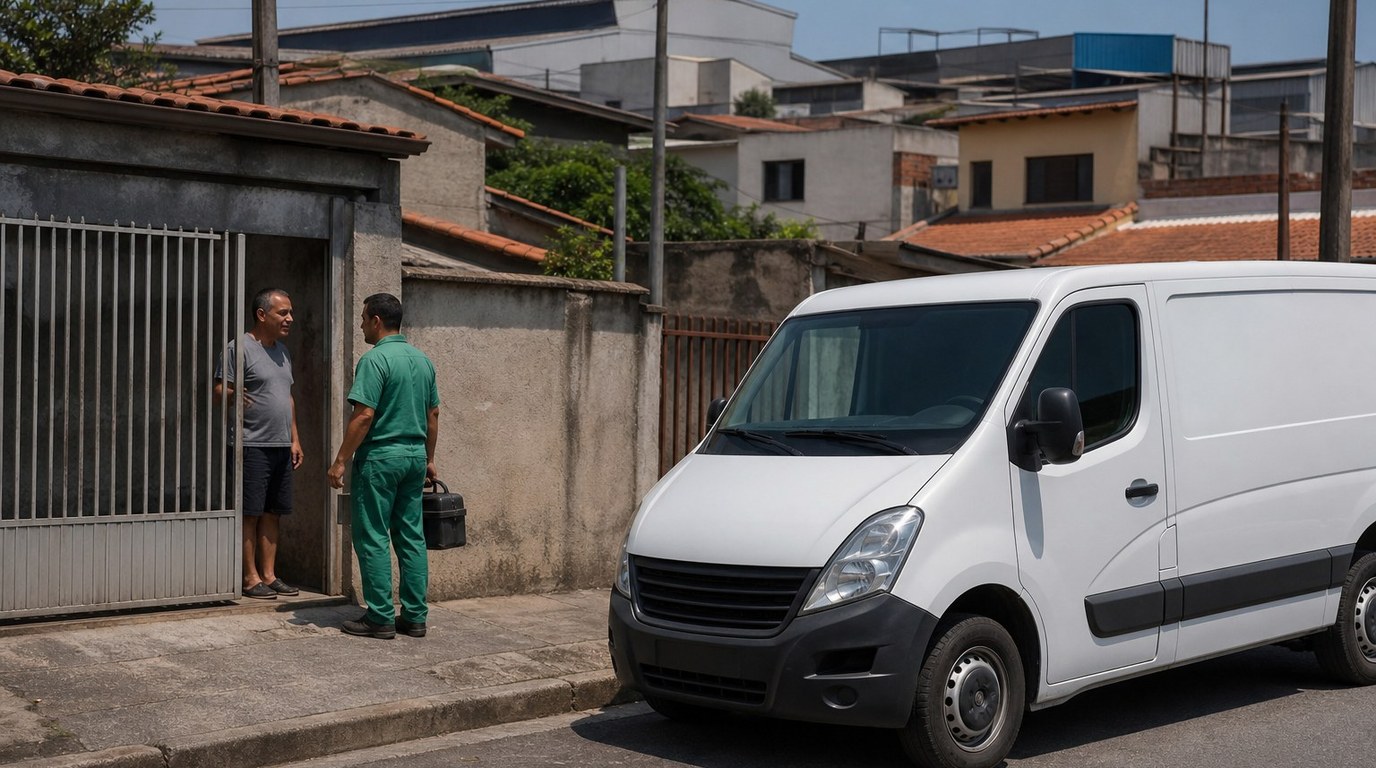Técnico da Desentupidora GeralTec em uniforme verde na entrada de casa em rua que mistura residências e galpões, contexto Sertãozinho, SP