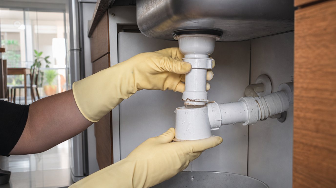 Mãos com luvas de borracha desmontando o sifão de PVC embaixo da pia de cozinha, com balde posicionado para receber água residual