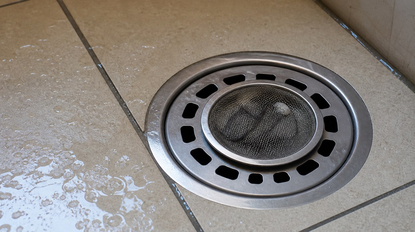Tela de aço inox sobre o ralo de piso de um banheiro brasileiro, com malha retendo fios e resíduo de sabão