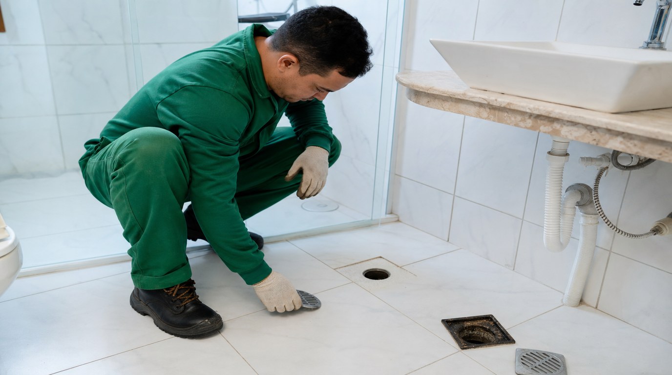Técnico da Desentupidora GeralTec em uniforme verde avaliando múltiplos ralos entupidos em banheiro e cozinha de residência em Ribeirão Preto