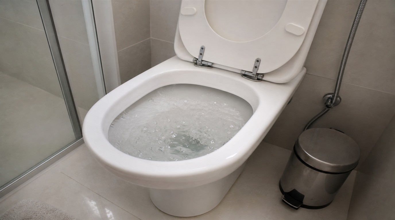 Vaso sanitário com bolhas de ar na água da bacia após descarga, sinal de pressão irregular na tubulação de esgoto residencial
